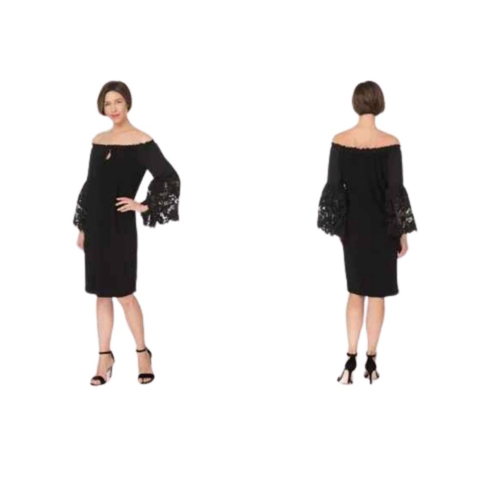 Joseph Ribkoff Guipure Bell Sleeve Women's X-Small Lace Trim A-Line Black Dress - Picture 2 of 15